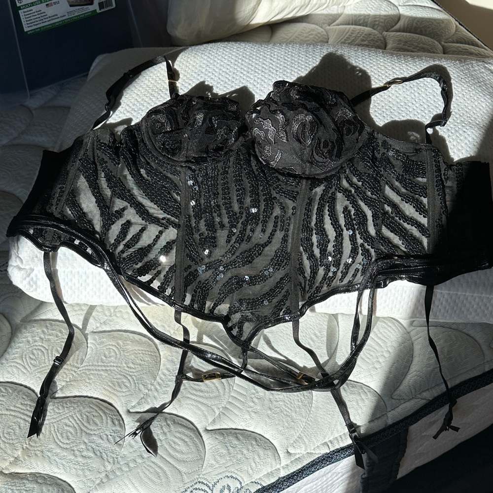Vintage 2004 Victoria's Secret Black Sequin Lace Bustier Faux Leather Straps